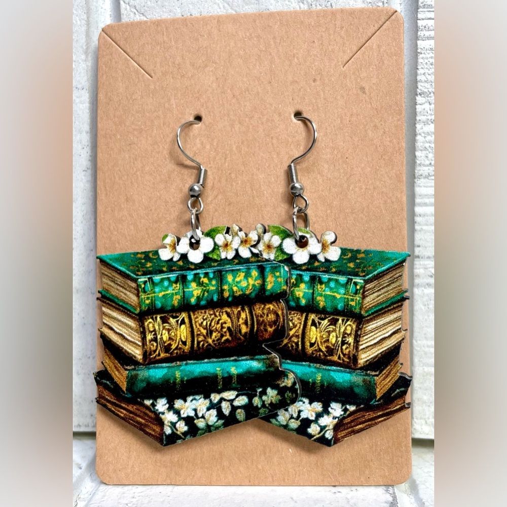 Stack Of Books Earrings Wooden Double Sided Floral Accent Fashion Jewelry